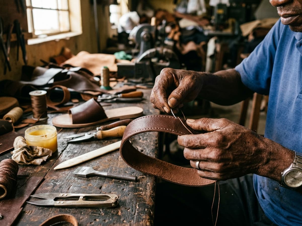 Artisan workbench in Lagos with leather soles and brass calipers
