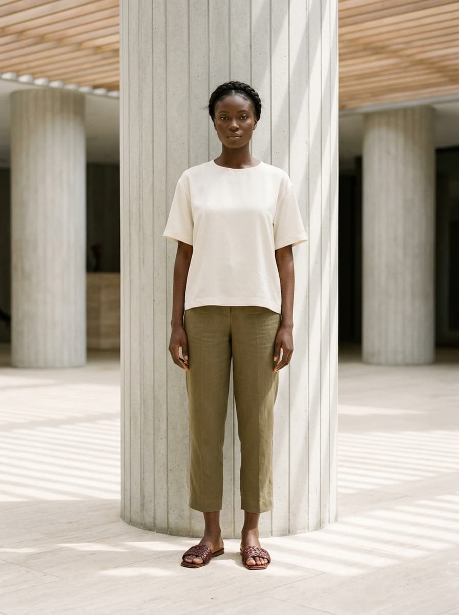 NOVEQ The Braid Slide Pam on model standing poised by concrete pillar in Lagos atrium