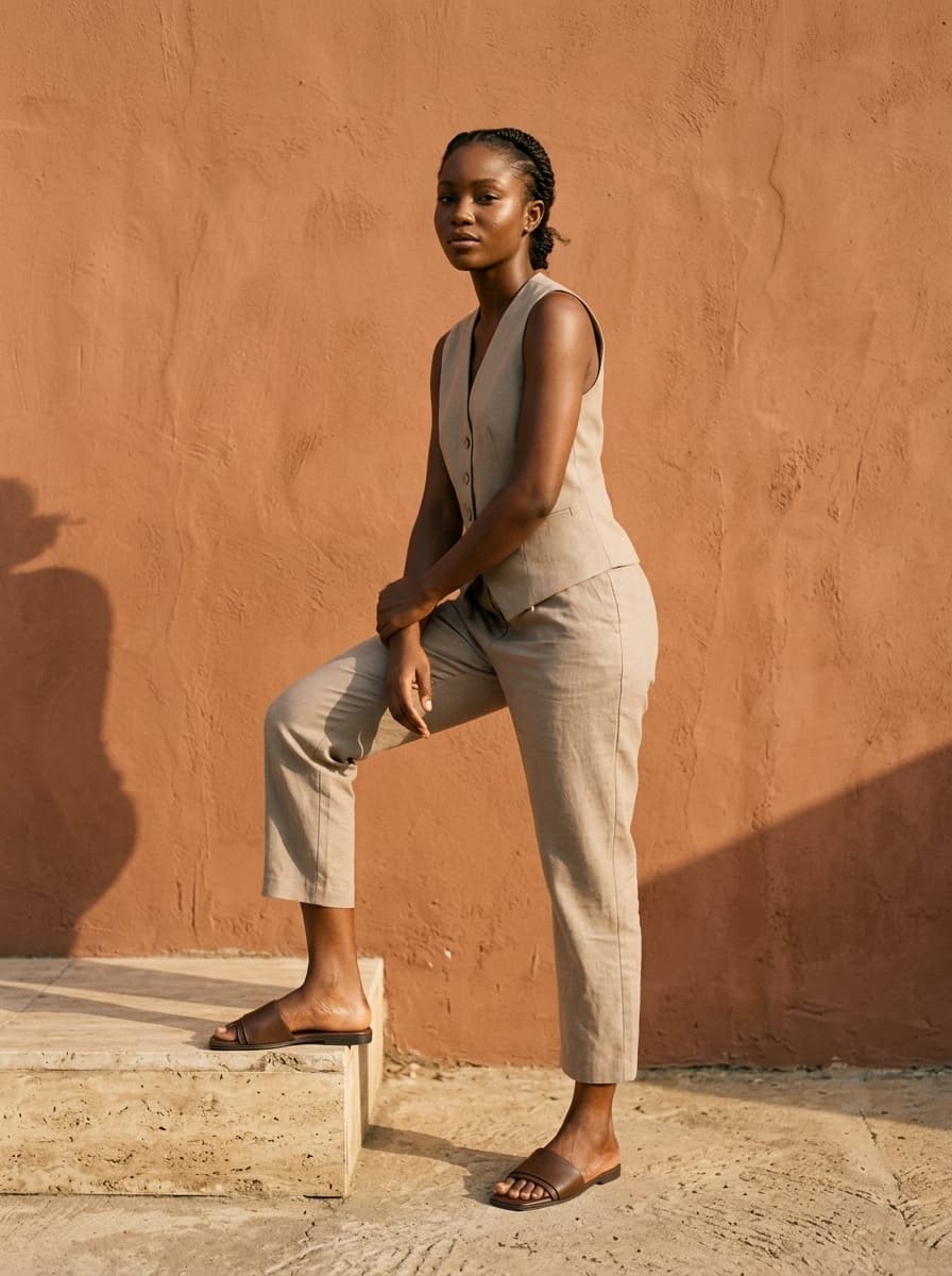 NOVEQ The Double Skin Pam on model on stone step with dual-layered chocolate strap