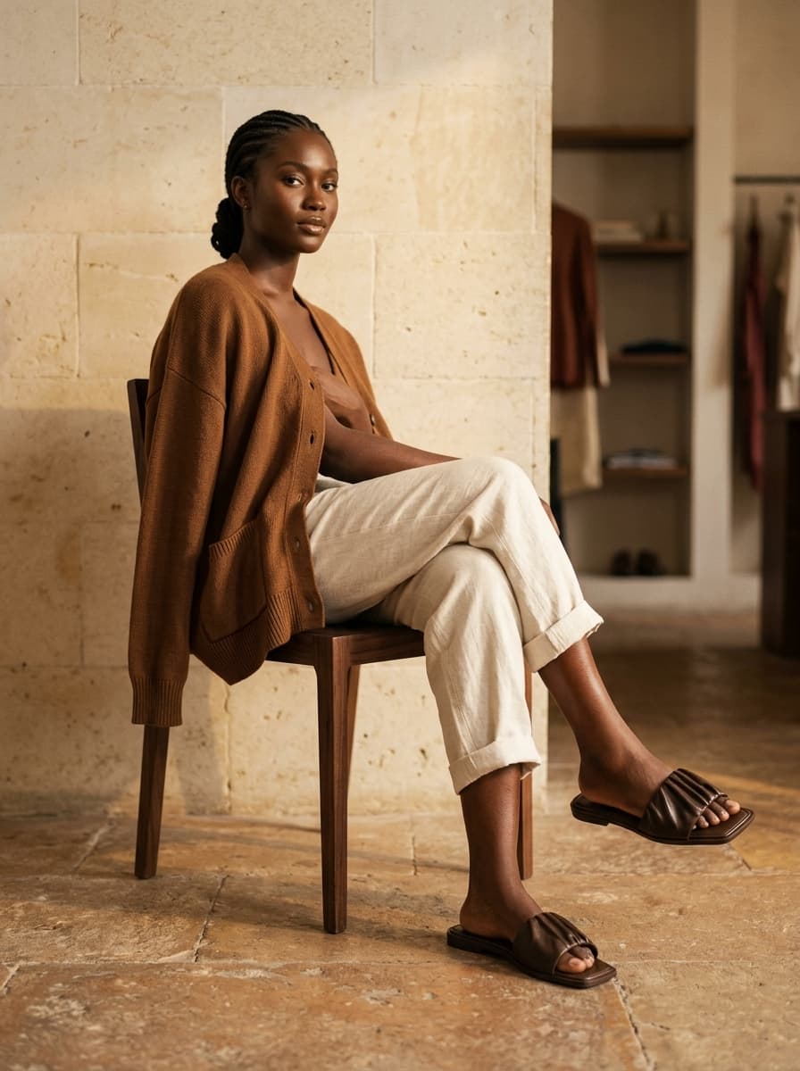 NOVEQ The Pleat Slide Pam on model seated on walnut chair in Lagos atelier