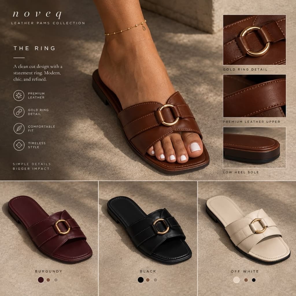 NOVEQ The Ring Slide Pam on model feet with gold anklet on sunlit stone pavement