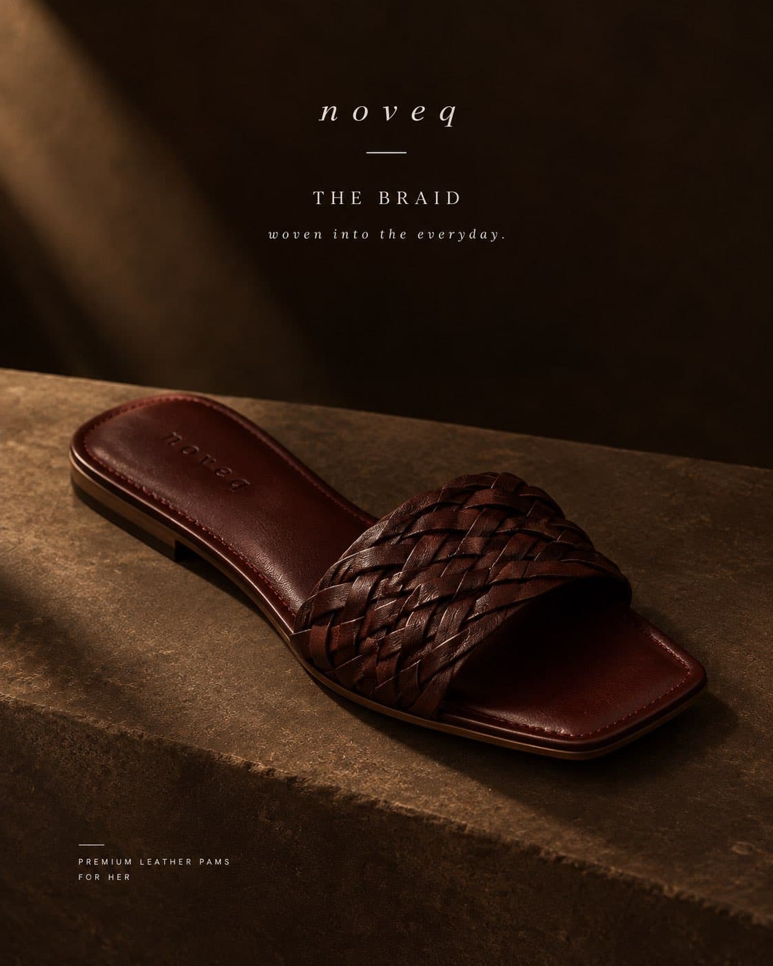 NOVEQ The Braid Slide Pam showing hand-woven leather craftsmanship on natural stone